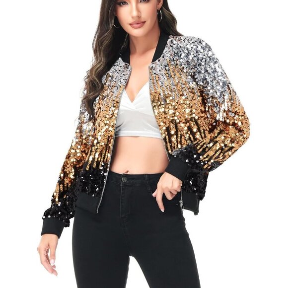 Jackets & Blazers - Brand New Women Z-Silver Gold Black Polyester Sequin Long Sleeve Front Zip